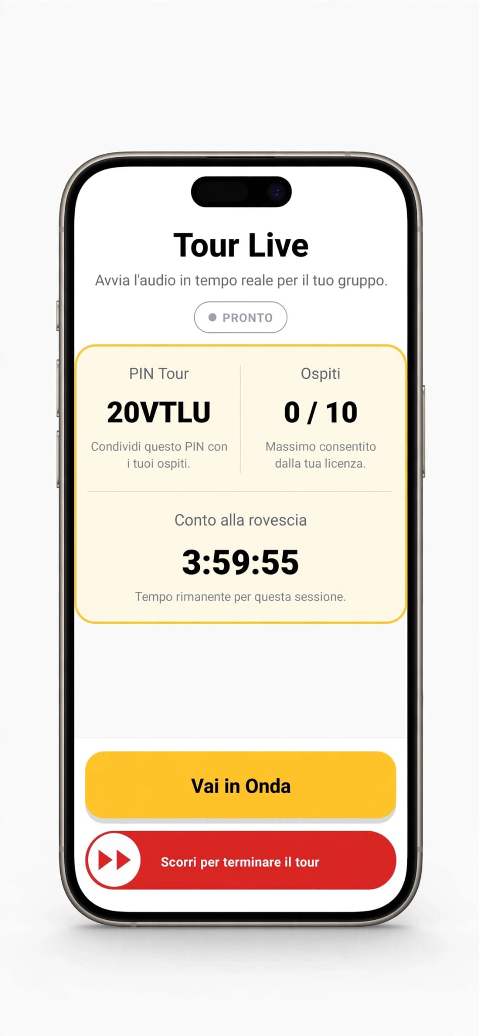 Schermata Tour Live con il PIN del tour, gli ospiti collegati e il conto alla rovescia